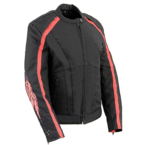 Milwaukee Leather SH1954 Women's Black and Red Textile Jacket with Stud and Wings Detailing - Medium