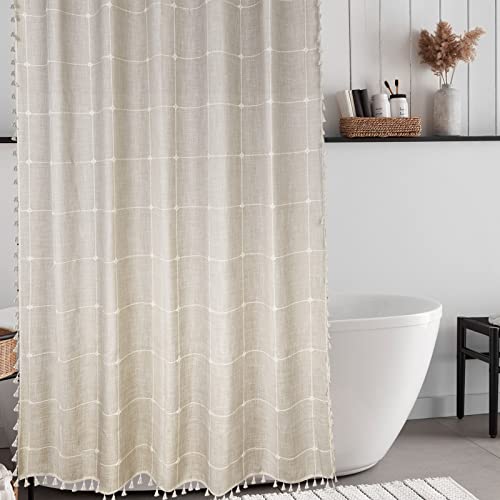 Uphome Ultra Thick Linen Shower Curtain Cotton Boho Farmhouse Bath Curtain With Tassels Khaki Shabby Chic Country Shower Curtain Set With Hooks Cute Plaid Wrinkle Free Bathroom Curtain, 60X72 #TOP29