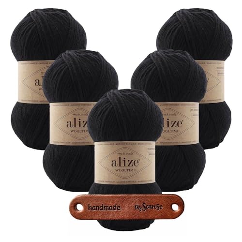 ALIZE 5 x 100g WOOLTIME 60 Black Premium Wolle weiches Wollmischgarn für Socken Pullover und Winteraccessoires mit mySearose Label