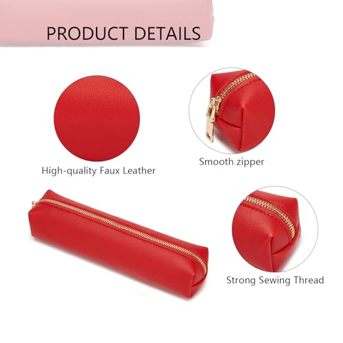 Image of Faux Leather Color Pencil Case Multifuncional and Simple with Zipper for School (Bright Red)