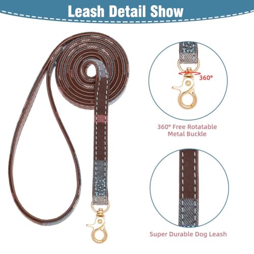 Image of EXPAWLORER Dog Leash and Collar Set - Cute Plaid Dog Bow Tie and Dog Bandana Collar, Dog Leash Tangle Free, Adjustable Collars for Small Medium Large Dogs, Holiday Ideal Gift, Blue M