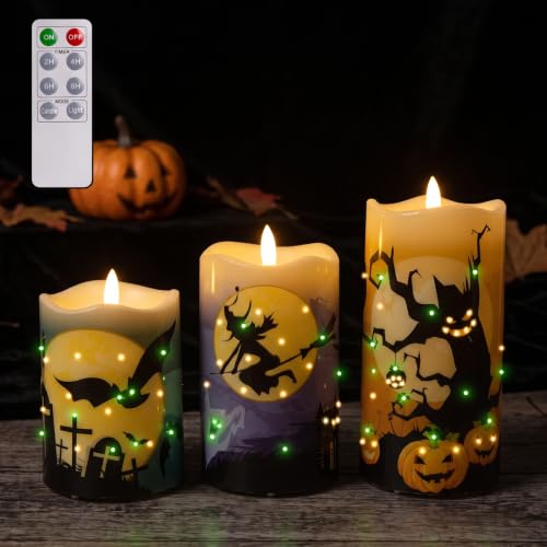 Image of Halloween Flameless Candles, Battery Operated Candles with Remote | Fiber Optic Flameless Pillar Candles Set Of 3 For Halloween Decorations Indoor