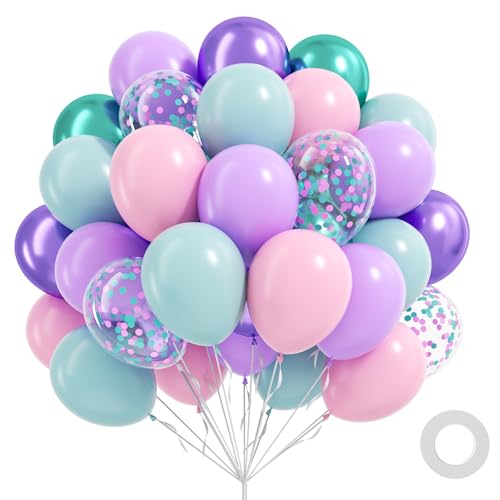 60Pcs Mermaid Balloons 12inch with Pink Pastel Metallic Purple Teal Green Confetti Balloons for Under the Sea Mermaid Baby Shower Birthday Party Decorations