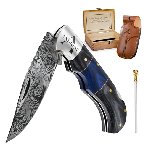 FH KNIVES 6.5' Personalized Engraved Damascus pocket knife for men Small folding knife for outdoor, camping, hiking, Customized Retirement Gifts for Husband Dad Boyfriend, Christmas
