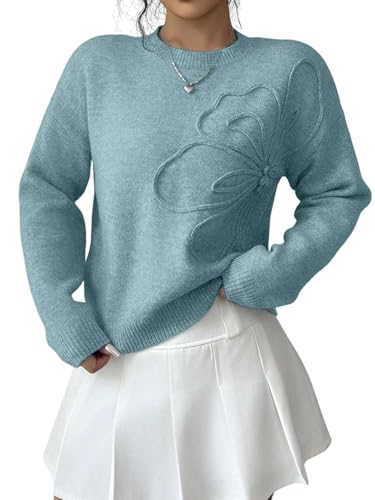 Image of Verdusa Women's Spring 3D Flower Appliques Crewneck Sweaters Long Sleeve Drop Shoulder Pullovers Knit Going Out Tops