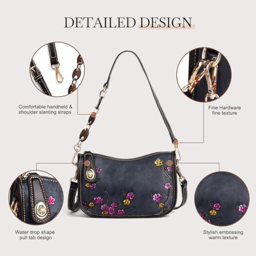 Genuine Leather Shoulder Bag for Women: Vintage Cowhide Leather Crossbody Purse - Flower Embossed Underarm Bag3