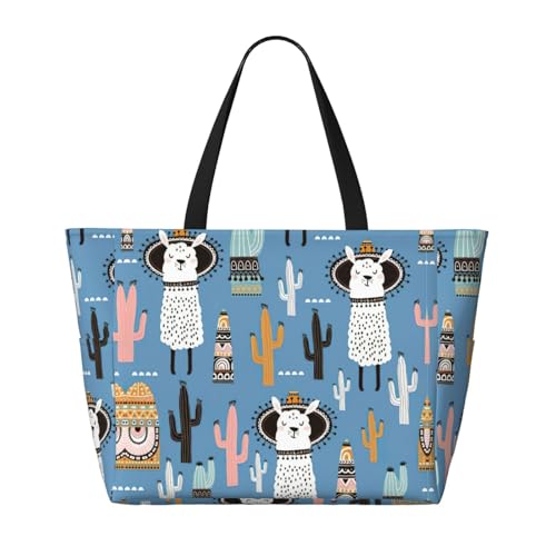 Llama Cactus Desert Plant Print Large Capacity Beach Travel Bag For Family, Beach Tote Bag For Women With Zipper Pockets2