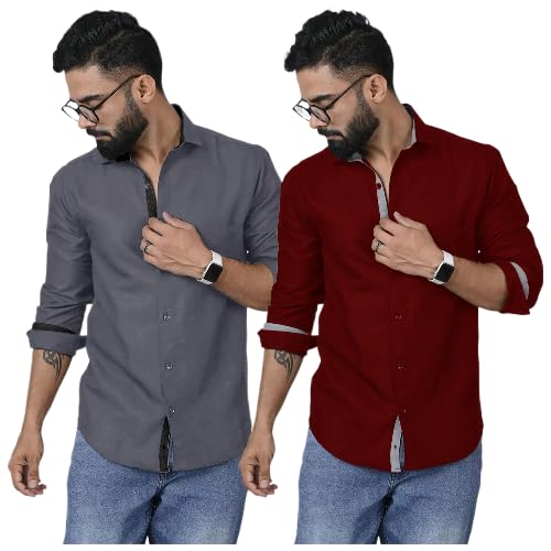 Image of Pinkmint Shirt for Men Cotton Soild Shirt & Spread Collar Long Sleeve Shirt Formal, Travelling