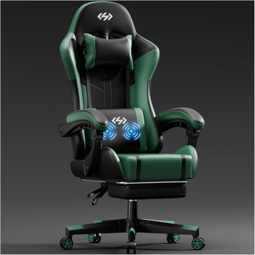 HLDIRECT Gaming Chair, Video Game Chair, Gamer Computer Chair, Ergonomic Gaming Chairs for Adults with Headrest and Massage Lumbar Support, Swivel PU Leather Office Chair, Black & Green
