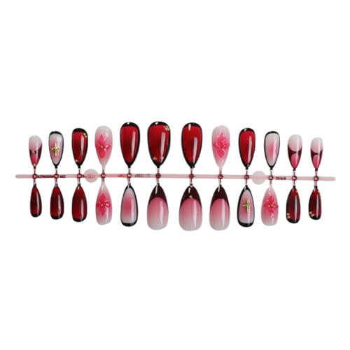 Image of Red Press on Nails Flower Fake Nails Red Ombre False Nail with Design Star Glue on Nails Artificial Acrylic Full Cover Medium Almond Stick on Nail for Women Nail Art Decoration 24Pcs