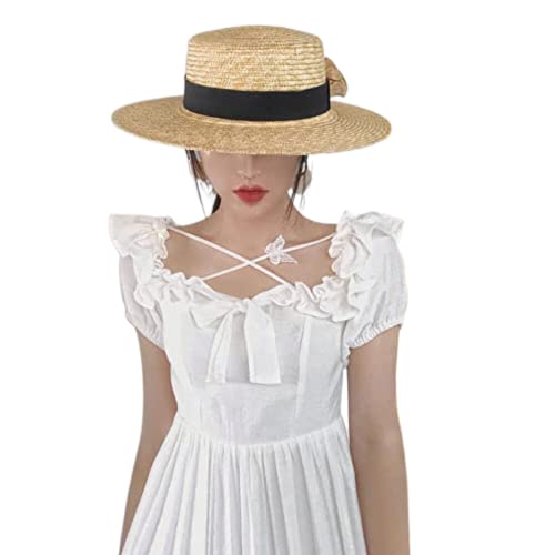 Summer Female Natural Stiff Wheat Straw Boater Fedora Top Flat Hat Women Beach Brim Cap Raffia Sun Hat For Women Jazz One Size #TOP10