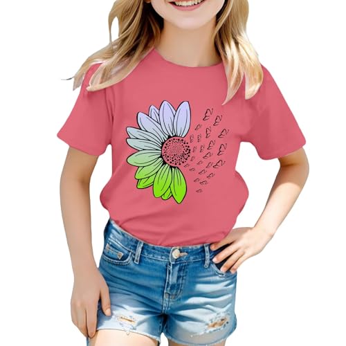 Girls Loose Fit Sunflower Graphic T Shirts Short Sleeve Crewneck Cute Pattern Printed Tops Kids (D-Pink, 8-9 Years)3
