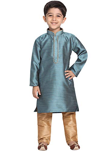 JBN Creation Boys' Full Sleeve Silk Blend Kurta Pyjama Set with Mandarin Collar, Featuring Ethnic Motifs, Self-Design, and Embellishments - Perfect for Festivals and Special Occasions