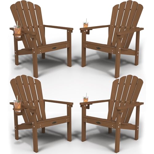 THOEOE Stackable Adirondack Chair Set of 4, HDPE All-Weather Adirondack Chairs - Durable and Space Saving, Plastic Outdoor Fire Pit Chairs with Cup Holder,Wood