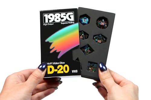 1985 Games Sharp Edge DND Dice Set – Starstorm Polyhedral Dice in Retro VHS Box – 5E TTRPG Dice Set – Tabletop RPG Accessory (Set of 7)