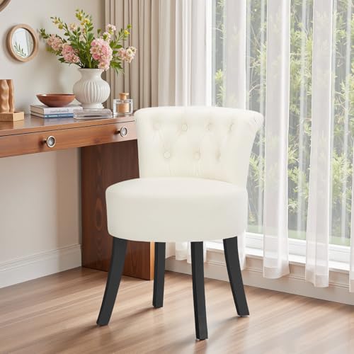 Warmiehomy Dressing Table Stool with Wooden Legs and High Back Comfy Makeup Vanity Stool Chair for Dressing Table, Bedroom, Living Room, Beige, Linen Fabric
