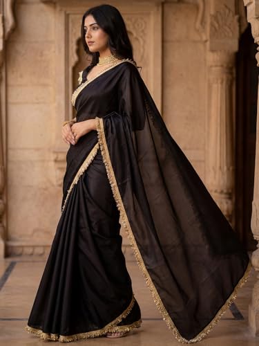 Image of AKHILAM Women's Shimmer Net Solid Saree With Unstitched Blouse Piece