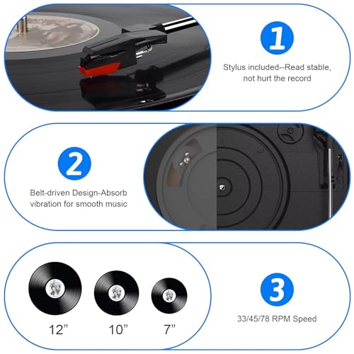 Bluetooth Record Player with Speakers – 3-Size Vinyl Records, 3-Speed Turntable, Wireless Playback, Built-in Stereo Speakers, RCA & Headphone Jacks, MDF Wood & Abs Cover, Ideal for - Les Beatles, Paul McCartney, John Lennon, RIngo Starr, George Harrison Bluetooth Record Player with Speakers - 3-Size Vinyl Records, 3-Speed Turntable, Wireless Playback, Built-in Stereo Speakers, RCA & Headphone Jacks, MDF Wood & Abs Cover, Ideal for – Image 4