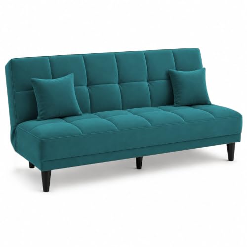 Image of Adorn India Alyssum 3 Seater Sofa Cum Bed 4X6 Velvet 2 Cushions (Color Aqua Blue) and Suitable for All Indoor, with 3 Years Warranty