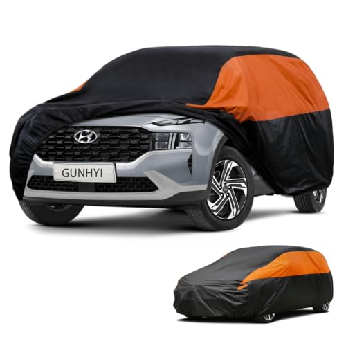 Image of GUNHYI Waterproof SUV Full Car Cover Custom Fit Hyundai Santa Fe | All‑weather Outdoor sun /rain /dust /snow /wind /UV protection, breathable lightweight fabric, black‑orange design,storage bag