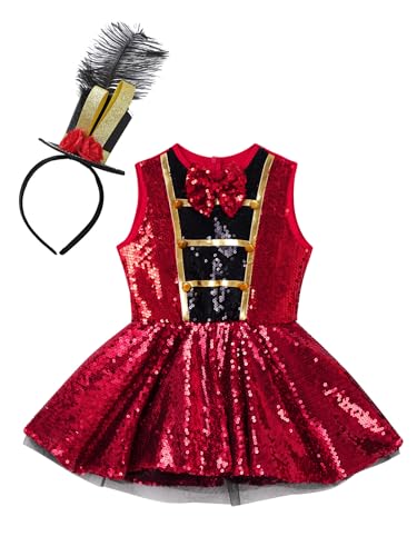 2Pcs Girls Circus Ringmaster Outfit Sleeveless Sequins Tutu Dress with Headwear for Performance3