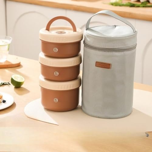 Livmorx 大容量 保温弁当箱 保温 保冷 持ち運びやすい お 茶碗 陶磁器 断熱弁当箱セット ランチジャー 真空断熱スープランチセット 漏れ防止 (420ml 2個 +620ml,ブラウン)
