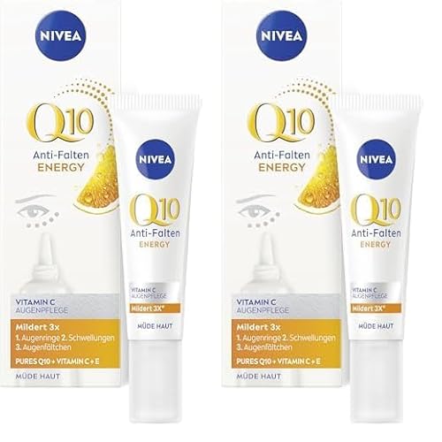 NIVEA Q10 Anti-Falten ENERGY Vitamin C Augenpflege, Augencreme mit purem Q10, Vitamin C und E, straffende Feuchtigkeitscreme für die empfindliche Augenpartie (15 ml) (Packung mit 2)