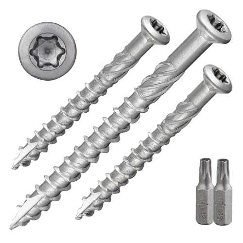 Tornillo de terraza con cabeza avellanada y accionamiento TX, acero inoxidable A2, incluye 1 broca S2, fresa de extremo + punta de corte, reforzado bajo cabeza con nervaduras fresadoras, con