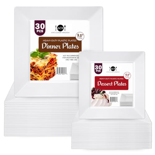 Ayas 60ct Square Plastic Disposable Plates White - 9.5-Inch 30 Dinner and 6.5-Inch 30 Salad Plates for Party - Heavy-Duty Hard Plastic Design for Wedding Event Christmas and Thanksgiving