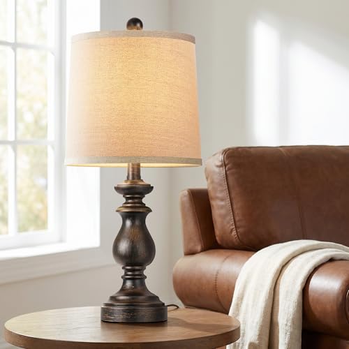 Image of PARTPHONER Traditional Table Lamp Set of 2, Rustic Farmhouse Table Lamps for Living Room Bedroom, 22 inch Bedside Desk Lamps Vintage Nightstand Lamps with Linen Shades, Oil Rubbed Bronze