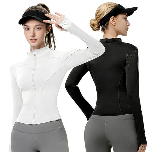 El Mejor Listado de Chaquetas deportivas favoritos de las personas. 46 Chaqueta Deportiva Con Cremallera Para Mujer, 2pcs Sudadera Deportiva De Yoga Corta Para Mujer,Nylon Spandex Soft Breathable Stretchy Workout Jacket,Apto Para Correr,Yoga,Deportes...