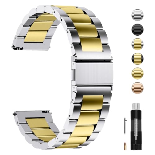 Image of Fullmosa 20mm Stainless Steel Watch Band, Quick Release Metal Replacement Strap with Removable Links, Includes Spring Bars & Link Removal Tool for Men Women (Silver+Golden)