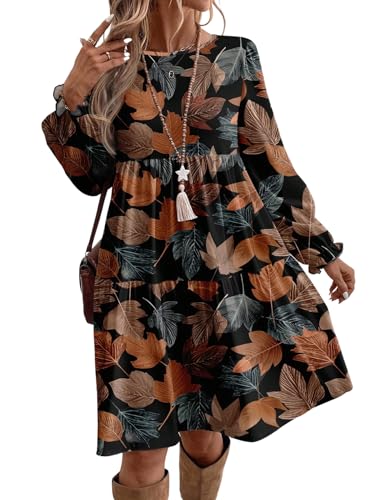 SweatyRocks Blusenkleid Damen Herbst Midi Hemdblusenkleid Langarm Winterkleider Italienische Mode Shirtkleid Tunika Kleid Knielang Schwarz S