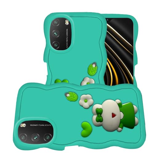 Image of AESTMO Back Case Cover for Poco M3 | 3D Cute Fun Cartoon Characters | Anti Slip Grip Cute Wave Curly Frame Shape | Full Body Protection Back Cover for Poco M3 (Mint Green)