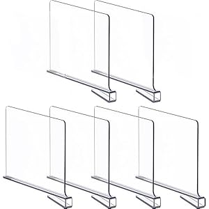 Decoile 6 PCS Clear Acrylic Shelf Dividers for Closet Organization, Closet Clothes dividers, Wood Shelves Organizer for Bedroom, Kitchen, Office, Cabinets and Bathroom.