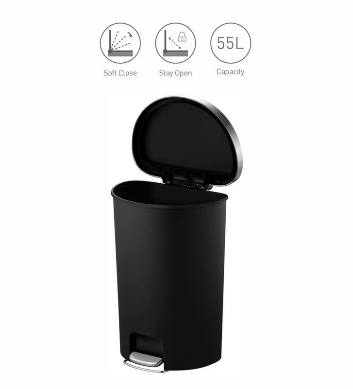 Image of Obsessions EKO 55L Semi-Round Plastic Step Bin with Pedal, Large Capacity Trash Can Ideal for Home, Kitchen and Office, Black