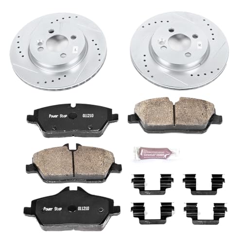 Image of PowerStop Front Brake Kit for Mini Cooper 2007-10 - Drilled and Slotted Disc Rotors with Carbon-Fiber Ceramic Brake Pads Replacement, K6066