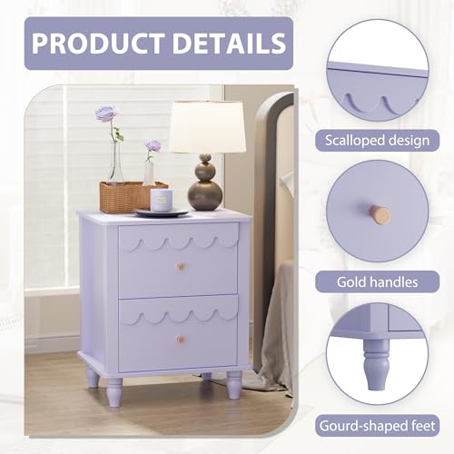 Image of Purple Nightstand Side End Table with 2 Drawers, Modern Night Stand with Petal Pattern for Bedroom, Scalloped Bedside Night Tables with Solid Wood Legs