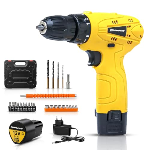 Image of Tomahawk TCD-12K-2B-S 12V Cordless Drill /Screwdriver Kit | 10mm Keyless Chuck, 1-Speed 600 RPM, 2 x 1.5Ah Batteries | LED Light, 24Nm Torque, 18+1 Settings | DIY, Home, Wood & Metal Drilling Kit