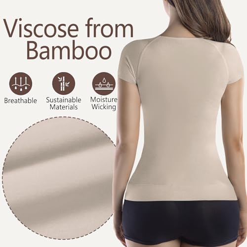 Image of +MD Women's Seamless Short Sleeve Undershirt, Light Compression Scoop Neck Tank Top, Tummy Control Basic Tee Camisole