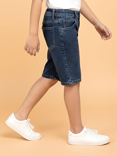 Image of KiddoPanti Boys Knee-Length Denim Shorts | Stretchable Cotton Poly Denim | Comfortable Fit with Button Elasticated Waistband & Zip Fly