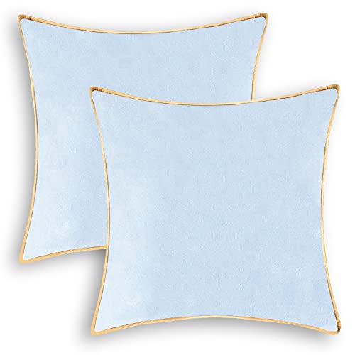 CaliTime Throw Pillow Covers Pack of 2 Super Soft Faux Suede Gold Piping Edge Accent Cushion Cases for Couch Bed Sofa Farmhouse Decorative 18 X 18 Inches Light Blue
