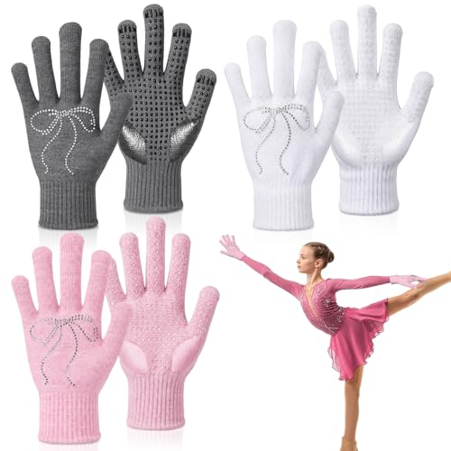 Jecery 3 Pairs Ice Figure Skating Gloves Winter Ice Skating Accessories with Bow Rhinestone Gel Padded Anti Slip Gripper Gloves Warm Mitten for Women Gifts