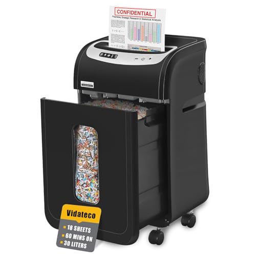 Image of VidaTeco Micro-Cut 18-Sheet Heavy Duty Paper Shredder, P-4, 30L Bin | Heavy-Duty for Home Office, 60-Min Runtime, Shreds Paper, Cards, Staples & Clips; Jam-Proof, 30L Pullout Bin with Wheels
