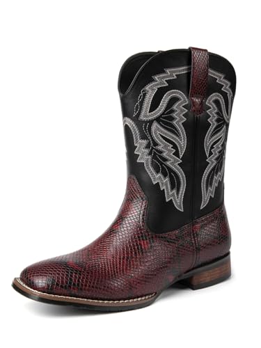 Men's Faux snake skin square toe cowboy boots and southwest embroidered calf anti slip westernpython patterned boots (1, Burgundy, US, Adult, Men, 10.5, Numeric, US Footwear Size System, Medium)