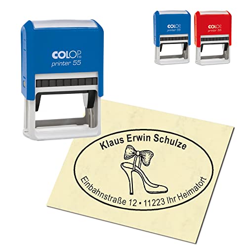 Adressstämpel personlig stämpel – höga klackar sko med rosett – oval 59 x 39 mm automatisk stämpel som företagsstämpel, namnstämpel, kontorsstämpel