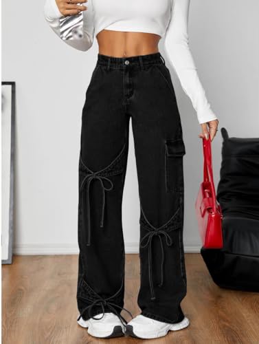 Baggy Jeans for Women Y2K Wide Straight Leg Denim Pants Mid Rise Casual Boyfriend Jeans with Bows4