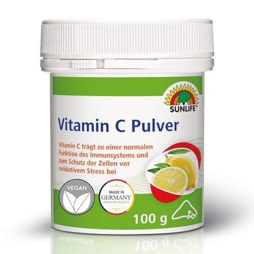 SUNLIFE Vitamin C Pulver hochdosiert 1x 100 g mit Zitronengeschmack I Ascorbinsäure für Immunsystem & Zellschutz I Gut lösliches Vitamin Pulver vegan & laktosefrei I Nahrungsergänzung für den Alltag