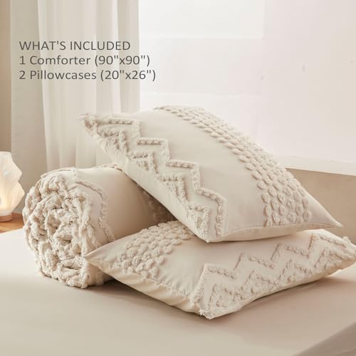 Image of Luxudecor Beige Tufted Comforter Set Queen Size 3 Pieces Boho Shabby Chic Comforter Farmhouse Embroidery Bedding Set Soft Comforter for All Seasons (Beige, 90''x90'')