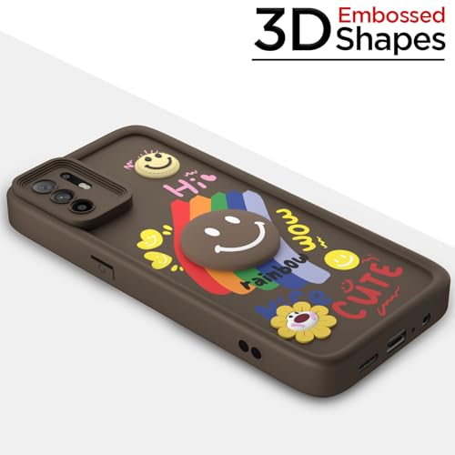 Image of Pikkme Back Cover for Oppo F19 Pro Plus 5G | Soft Silicone| Cute Rainbow Smile & 3D Cartoon Flower Design | Shockproof Raised Camera Protection Bumper Case (Brown)